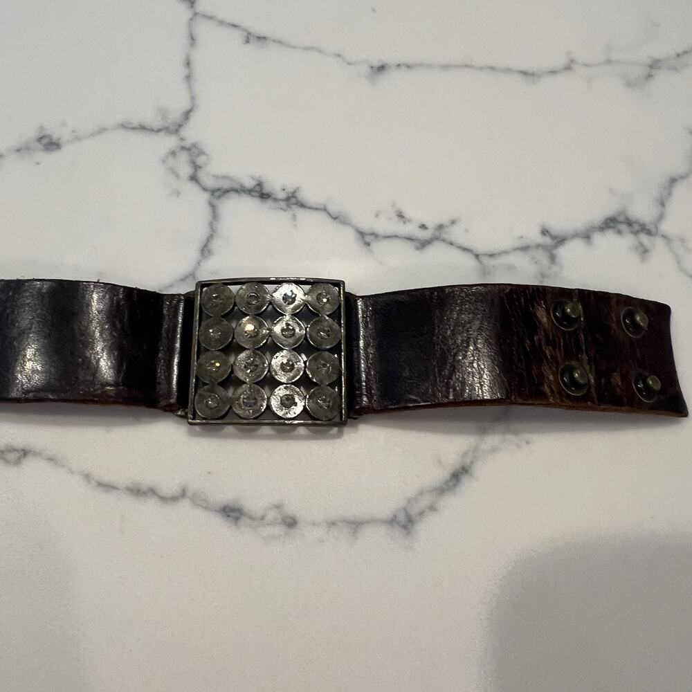 reBel Designs Leather Snap Bracelet with Rhinestones Boho Festival Brown